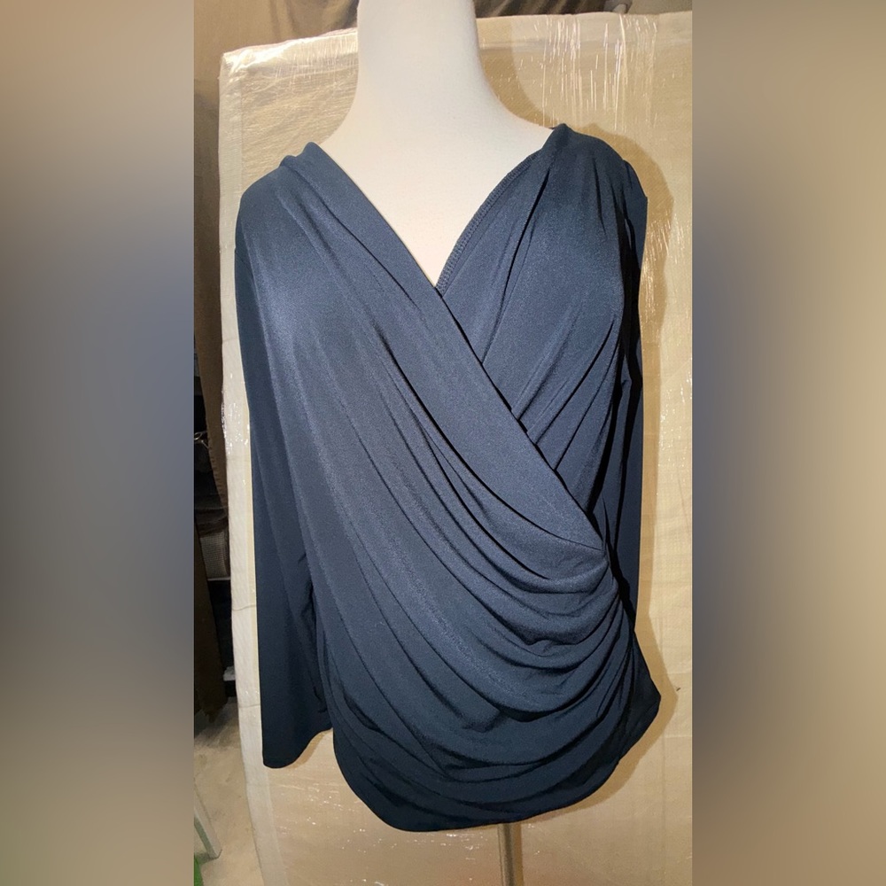 Calvin Klein Navy Draped V-Neck Long Sleeve Dress